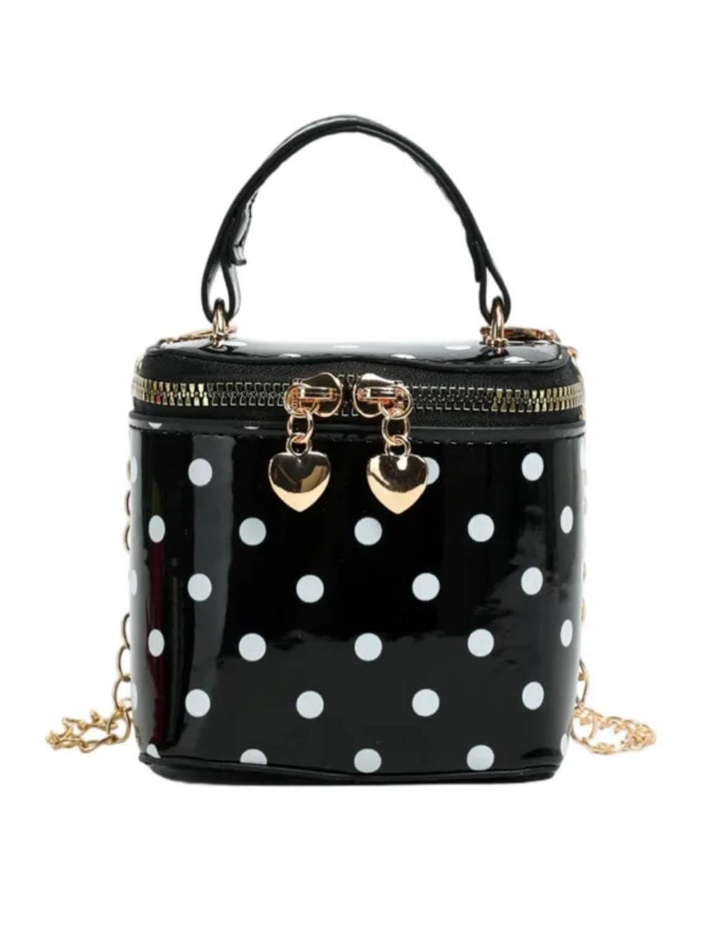 Black Polka Dot Mini Top-Handle Bag with Gold Heart Charms